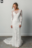 Sheath A Line Long Sleeves Ivory Rustic Lace Backless Scoop Neck Beach Wedding Dresses HZ0509