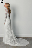 Sheath A Line Long Sleeves Ivory Rustic Lace Backless Scoop Neck Beach Wedding Dresses HZ0509