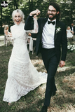 High Neck Lace Appliques Long Sleeve Mermaid Beach Wedding Dresses, Bridal Dresses HZ0509