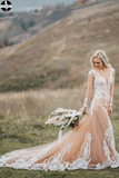 Boho Wedding Dress With Nude Underlay Tulle Lace Applique Wedding Dress Bridal Gown HZ0509