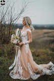Boho Wedding Dress With Nude Underlay Tulle Lace Applique Wedding Dress Bridal Gown HZ0509