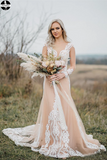 Boho Wedding Dress With Nude Underlay Tulle Lace Applique Wedding Dress Bridal Gown HZ0509
