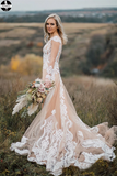 Boho Wedding Dress With Nude Underlay Tulle Lace Applique Wedding Dress Bridal Gown HZ0509