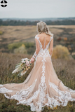 Boho Wedding Dress With Nude Underlay Tulle Lace Applique Wedding Dress Bridal Gown HZ0509