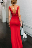 Red Elastic Satin V-neck Spaghetti Straps High Split Mermaid Prom Dress HZ0509