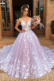 A-line Sleeveless V Neck Tulle Appliques Pink Long Prom Wedding Gown HZ0509