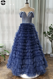 Off the Shoulder Navy Blue Tulle Ruffles A Line Long Prom Dress HZ0509
