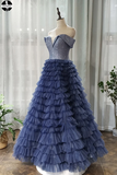 Off the Shoulder Navy Blue Tulle Ruffles A Line Long Prom Dress HZ0509