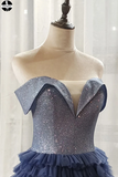 Off the Shoulder Navy Blue Tulle Ruffles A Line Long Prom Dress HZ0509