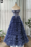 Off the Shoulder Navy Blue Tulle Ruffles A Line Long Prom Dress HZ0509