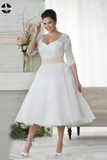 Chic Tea Length Wedding Dresses A-line Half Sleeve V neck Lace Wedding Dress HZ0509