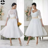 Chic Tea Length Wedding Dresses A-line Half Sleeve V neck Lace Wedding Dress HZ0509