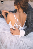Unique Appliqued A-line Tulle Wedding Dresses With Chapel Train HZ0509