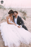 Unique Appliqued A-line Tulle Wedding Dresses With Chapel Train HZ0509