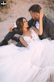 Unique Appliqued A-line Tulle Wedding Dresses With Chapel Train HZ0509