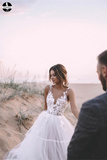 Unique Appliqued A-line Tulle Wedding Dresses With Chapel Train HZ0509