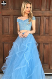 Sky Blue Tulle Two Piece Off the Shoulder Prom Dresses with Appliques HZ0509