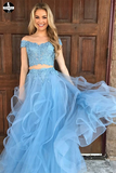 Sky Blue Tulle Two Piece Off the Shoulder Prom Dresses with Appliques HZ0509