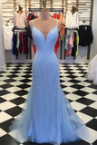 Backless Mermaid V Neck Light Blue Prom Dresses, Formal Dresses HZ0509
