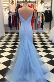 Backless Mermaid V Neck Light Blue Prom Dresses, Formal Dresses HZ0509