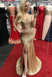 Sexy Sheath Front Split Long Sequin Shiny Prom Dresses Party Dress HZ0509