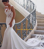 2025 Cheap Mermaid Lace Satin Ivory Spaghetti Straps V Neck Wedding Dresses HZ0509