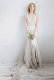 Long Sleeve V Neck Illusion Tulle Weddig Dress With Beading HZ0509