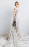 Long Sleeve V Neck Illusion Tulle Weddig Dress With Beading HZ0509