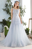 3D Flowers A Line Blue Gray Tulle Long Formal Prom Evening Dress HZ0509
