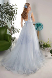 3D Flowers A Line Blue Gray Tulle Long Formal Prom Evening Dress HZ0509