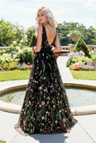 Exquisite V neck Lace Prom Dresses Long Floral Formal Gowns HZ0509