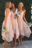 Pink V neck Straps Tea Length Asymmetrical Lace Bridesmaid Dress HZ0509