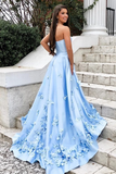 3D Floral Applique Satin Sweetheart Sky Blue A line Long Prom Dresses HZ0509