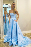 3D Floral Applique Satin Sweetheart Sky Blue A line Long Prom Dresses HZ0509