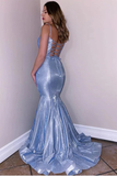 Mermaid Spaghetti Straps V Neck Blue Two Piece Mermaid Prom Dress HZ0509