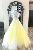Yellow V Neck Tulle Lace Long Prom Dress Yellow Formal Dress HZ0509