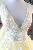 Yellow V Neck Tulle Lace Long Prom Dress Yellow Formal Dress HZ0509