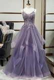 A line V neck Purple Tulle Spaghetti Straps Prom Dress With Lace Appliques HZ0509