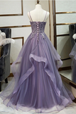 A line V neck Purple Tulle Spaghetti Straps Prom Dress With Lace Appliques HZ0509