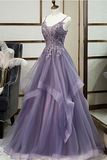 A line V neck Purple Tulle Spaghetti Straps Prom Dress With Lace Appliques HZ0509