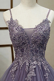 A line V neck Purple Tulle Spaghetti Straps Prom Dress With Lace Appliques HZ0509