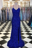 Sparkly Prom Dresses with Slit Sheath Short Train Long Royal Blue Prom Dress HZ0509
