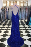 Sparkly Prom Dresses with Slit Sheath Short Train Long Royal Blue Prom Dress HZ0509