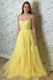 A Line Spaghetti Straps Yellow Split Long Prom Dress With Lace Appliques HZ0509