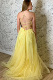 A Line Spaghetti Straps Yellow Split Long Prom Dress With Lace Appliques HZ0509