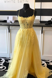 A Line Spaghetti Straps Yellow Split Long Prom Dress With Lace Appliques HZ0509