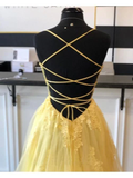 A Line Spaghetti Straps Yellow Split Long Prom Dress With Lace Appliques HZ0509