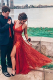 Sparkly V Neck A Line Red Spaghetti Straps Prom Dresses with Slit, Evening Dresses HZ0509