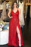 Sparkly V Neck A Line Red Spaghetti Straps Prom Dresses with Slit, Evening Dresses HZ0509