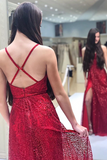 Sparkly V Neck A Line Red Spaghetti Straps Prom Dresses with Slit, Evening Dresses HZ0509